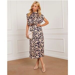 Dress Forum High Neck Navy Floral Midi Dress